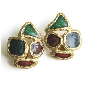 Vintage 1980s Clip-On Earrings Large Colorful Abstract Shape